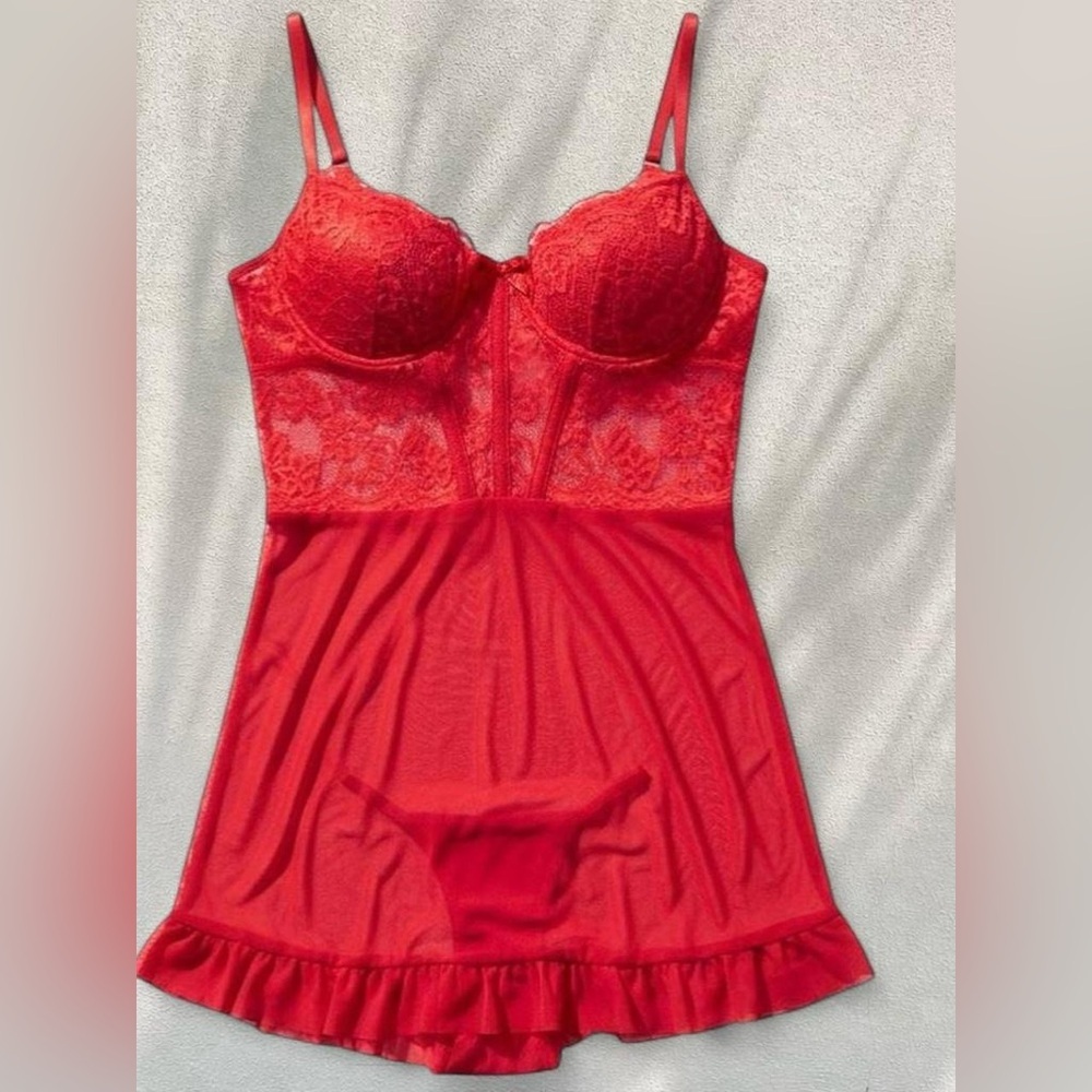 Red Lace Sheer Mini Dress ❤️ Ruffle Hem Slip / Lingerie Style